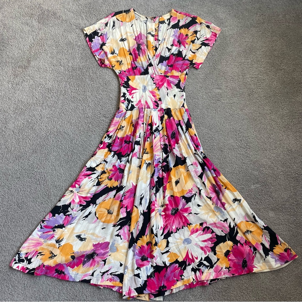 Kenar Vibrant Floral Midi Dress with Buttons up the back